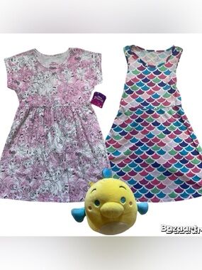 Sz 7/8 Disney Princess Pink Girls’ Play Dress & Little Mermaid Dress & Plush New
